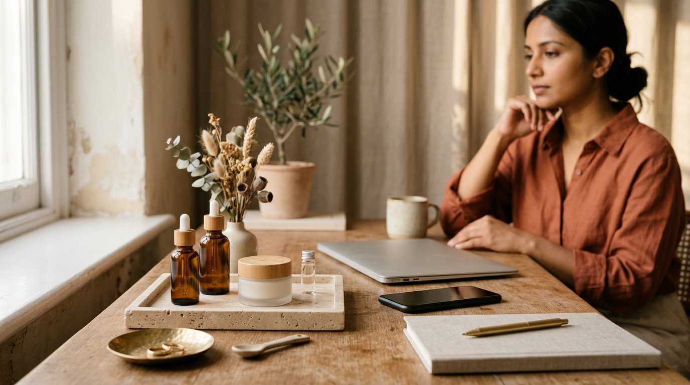 Indian skincare founder at a sunlit desk with amber serum bottles and a cream jar on a travertine tray, planning D2C growth