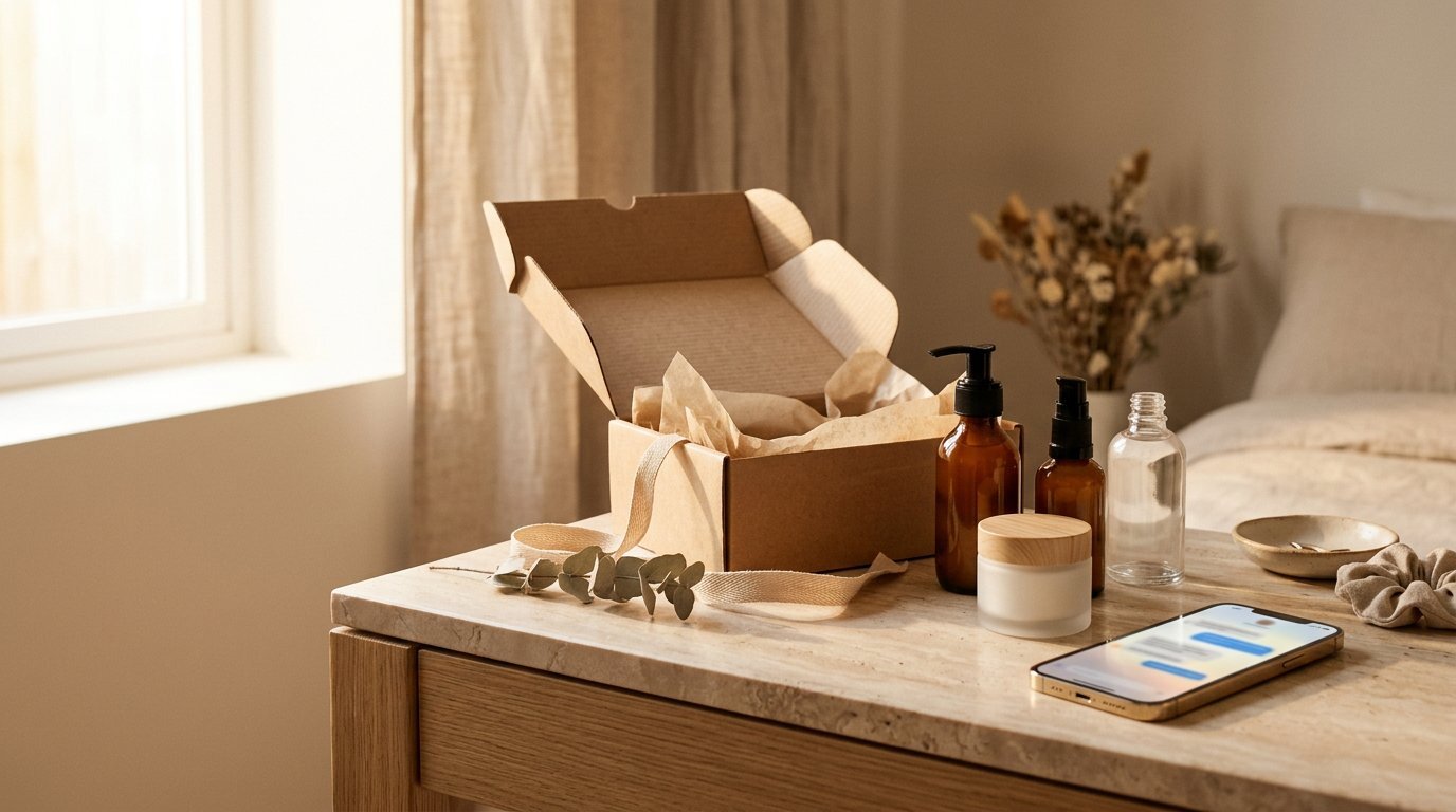 Unbranded amber skincare bottles and an opened delivery box on a travertine vanity beside a smartphone showing a message notification