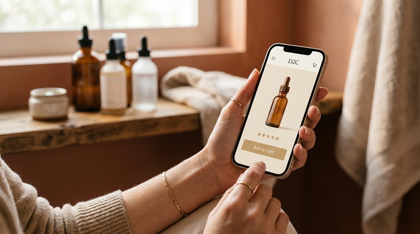 Woman shopping a skincare product page on her phone